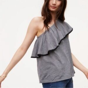 Loft Ann Taylor Black Striped Fringe Ruffle One Shoulder Top Size Large